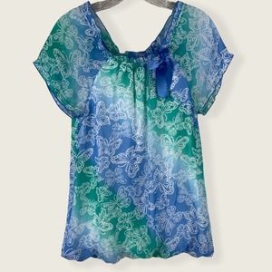 George blue/green butterfly bubble blouse